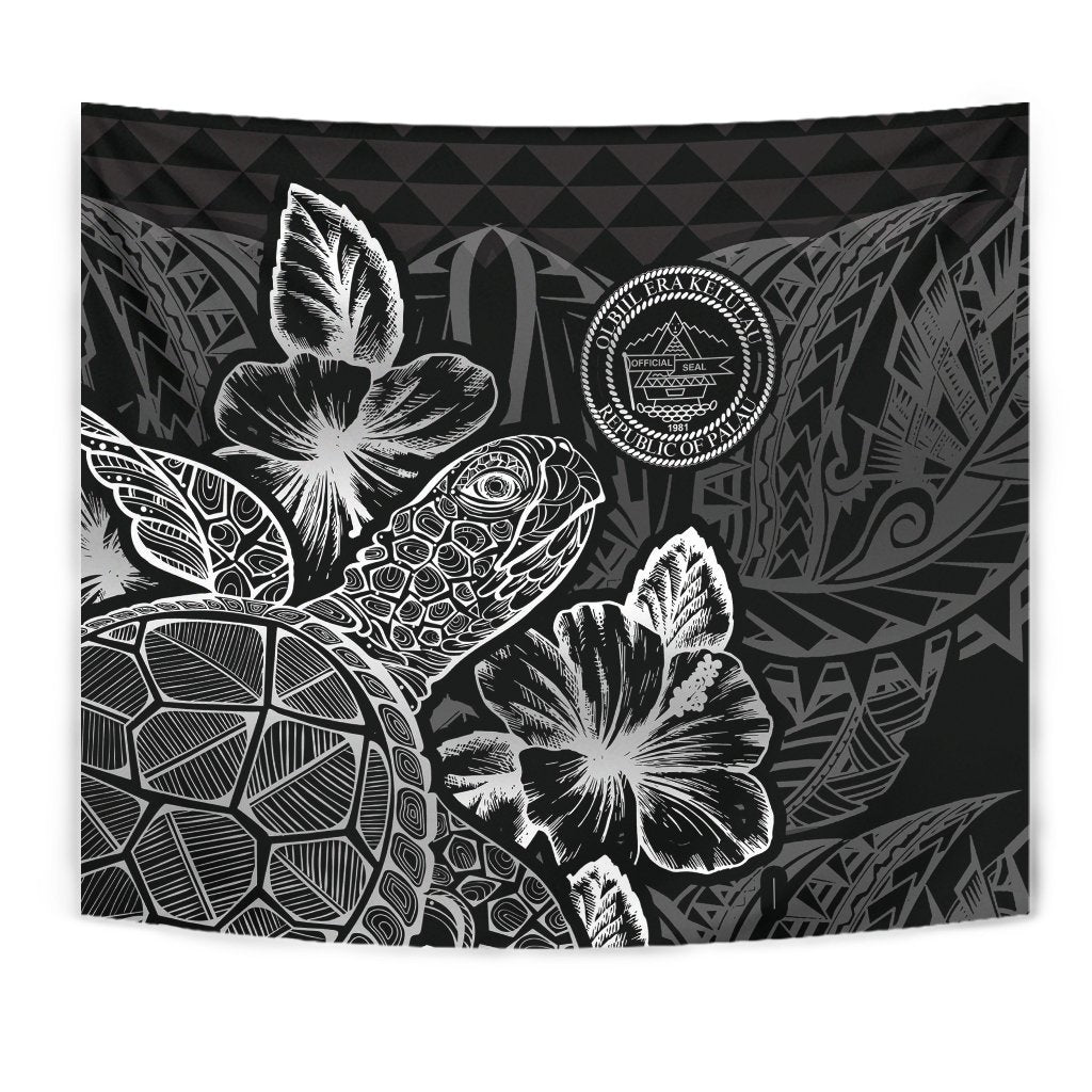 Palau Tapestry - Turtle Hibiscus Pattern Black - Polynesian Pride