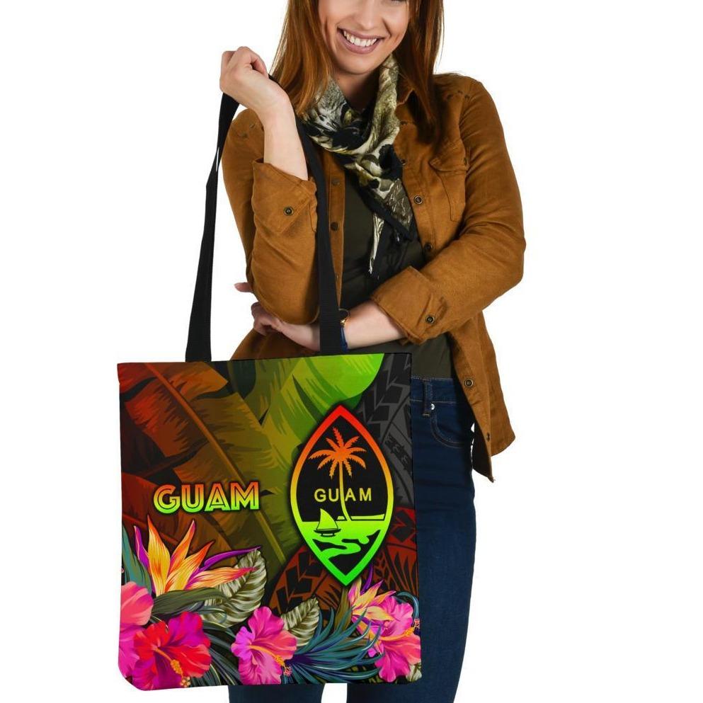 Guam Polynesian Tote Bag - Hibiscus and Banana Leaves Tote Bag One Size Reggae - Polynesian Pride