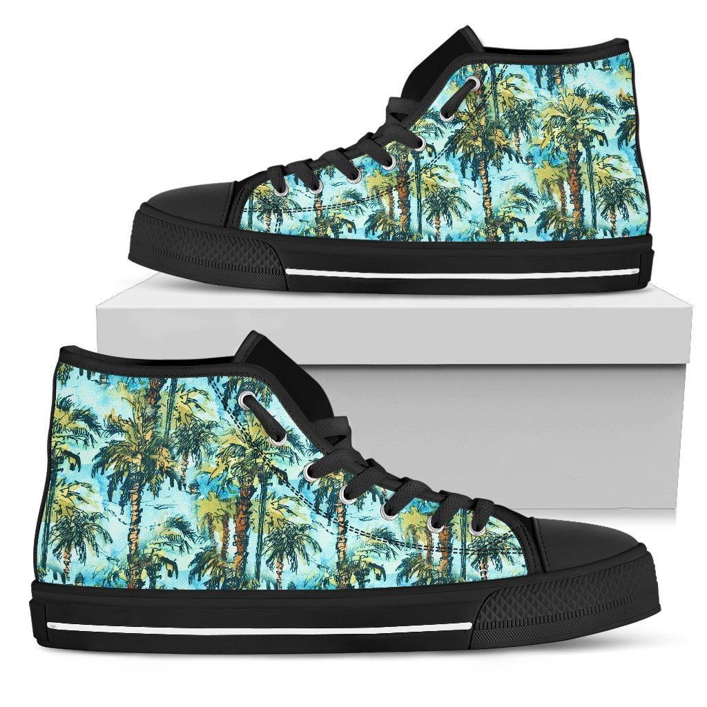 Hawaiian Shoes - Tropical Palm Trees Blue High Top Shoes Mens High Top Black - Polynesian Pride