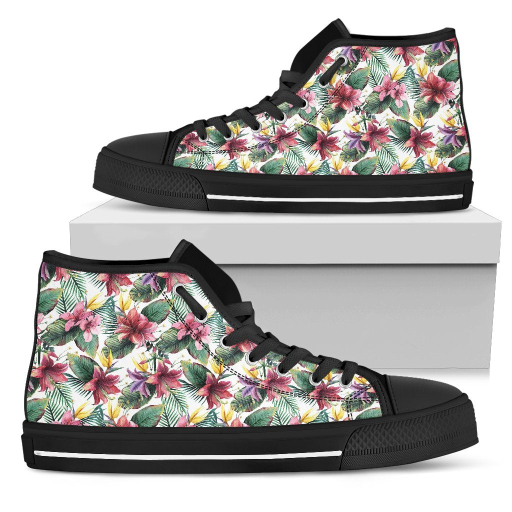 Hawaiian Shoes - Tropical Palm Leaf White High Top Shoes Mens High Top Black - Polynesian Pride