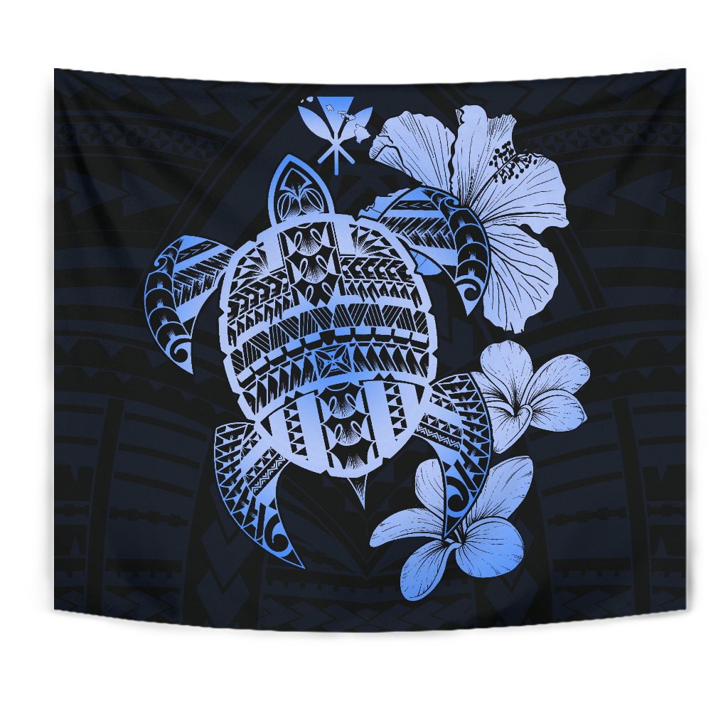 Hawaiian Kanaka Hibiscus Plumeria Mix Polynesian Turtle Tapestry Blue AH Wall Tapestry Blue - Polynesian Pride