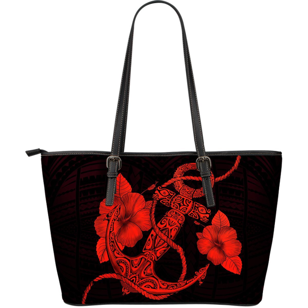 Anchor Red Poly Tribal Large Leather Tote Red - Polynesian Pride