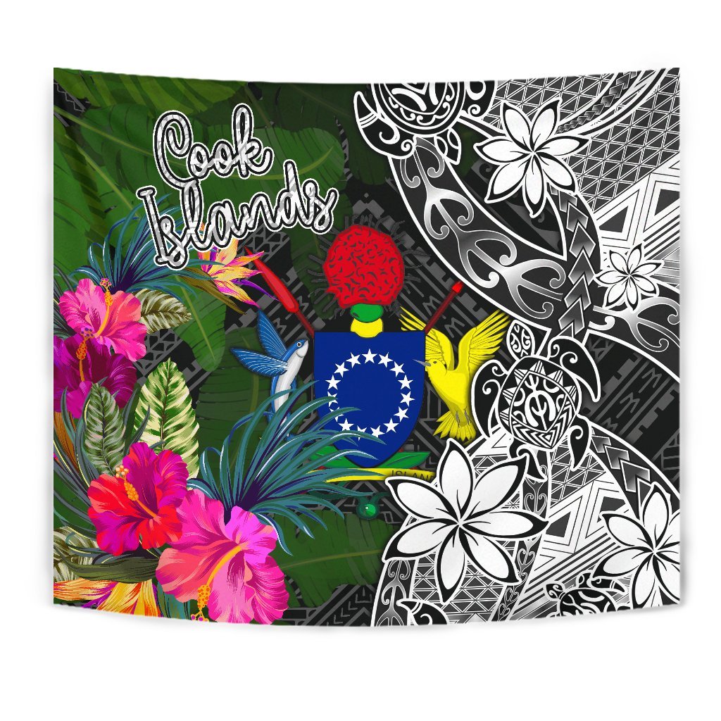 Cook Islands Tapestry - Turtle Plumeria Banana Leaf Wall Tapestry Black - Polynesian Pride