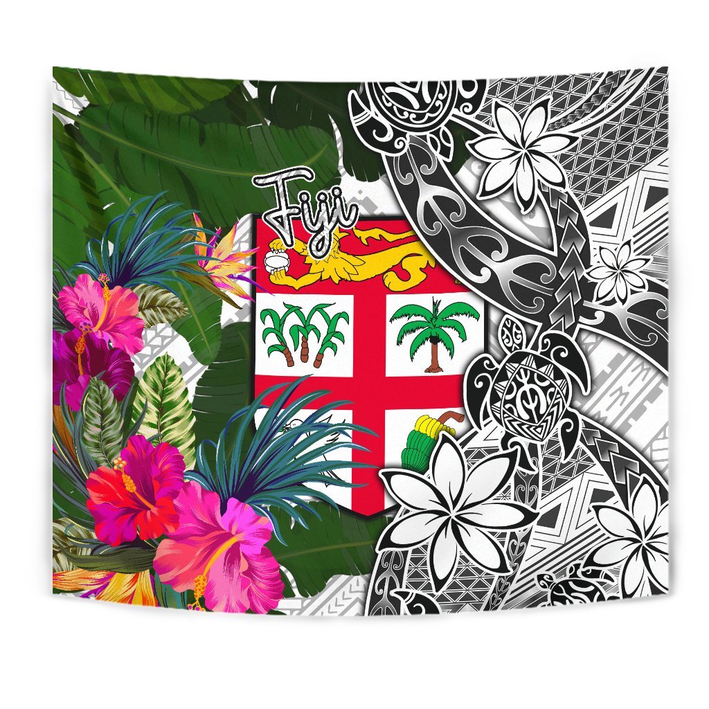 Fiji Tapestry White - Turtle Plumeria Banana Leaf Wall Tapestry White - Polynesian Pride