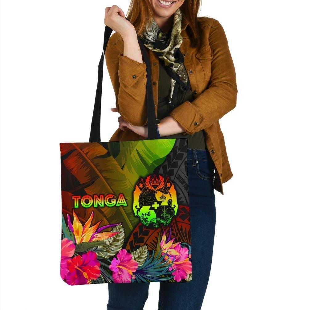 Tonga Polynesian Tote Bags - Hibiscus and Banana Leaves Tote Bag One Size Reggae - Polynesian Pride