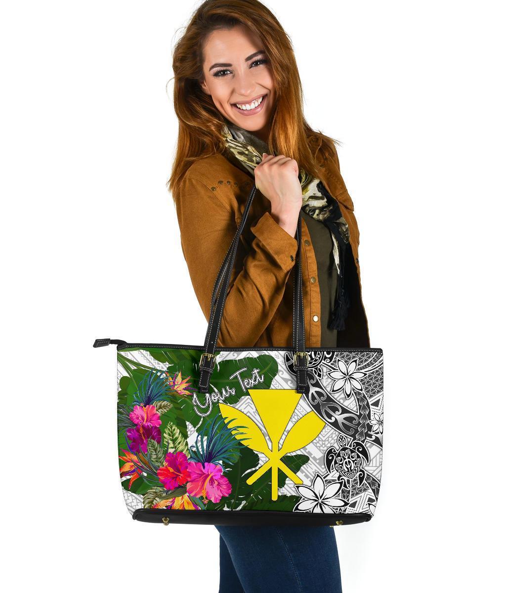 Hawaii Custom Personalised Large Leather Tote White - Turtle Plumeria Banana Leaf White - Polynesian Pride