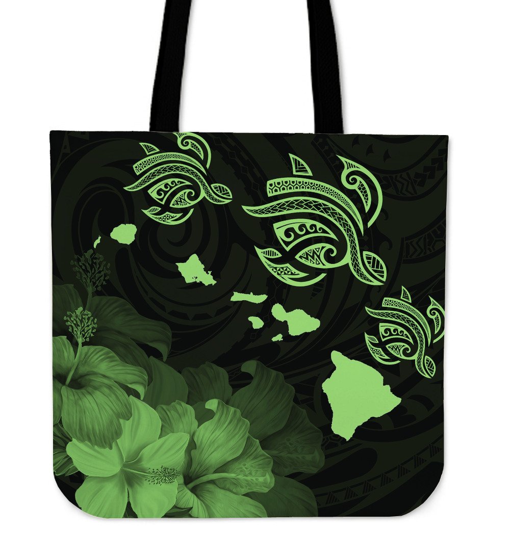 Hawaii Hibiscus Map Polynesian Ancient Green Turtle Tote Bag Tote Bag One Size Green - Polynesian Pride