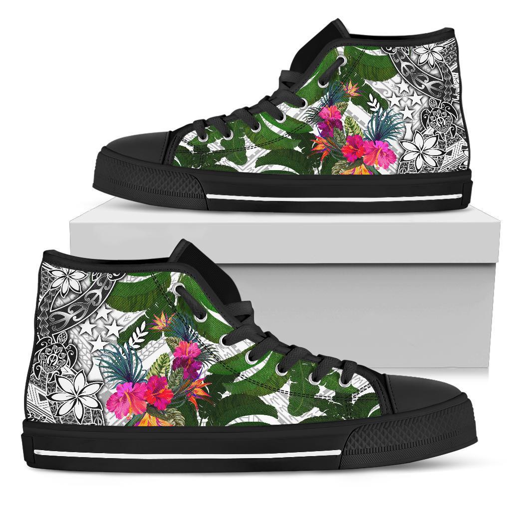 Kosrae High Top Shoes White - Turtle Plumeria Banana Leaf Unisex Black - Polynesian Pride