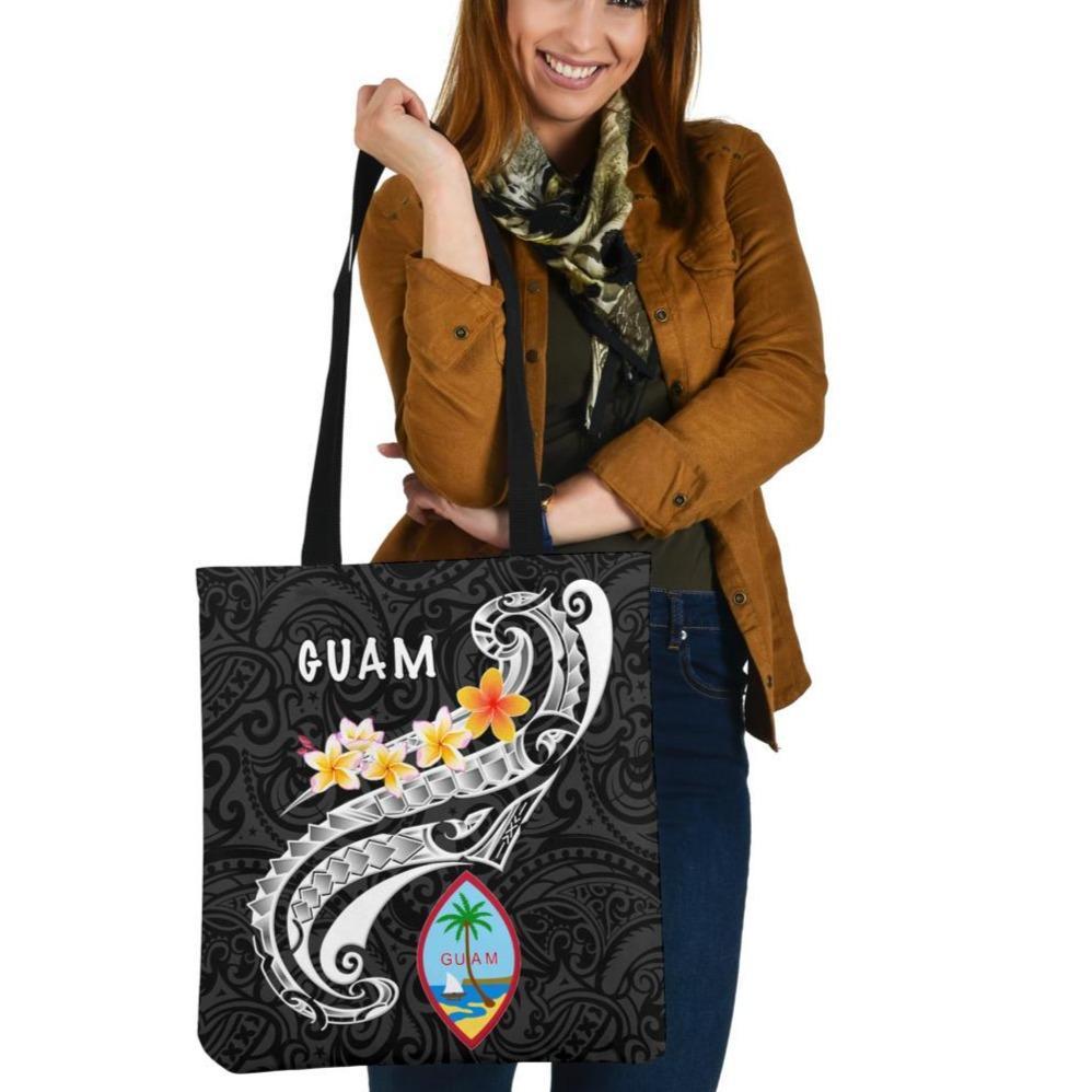 Guam Tote Bags - Guam Seal Polynesian Patterns Plumeria (Black) Tote Bag One Size Black - Polynesian Pride