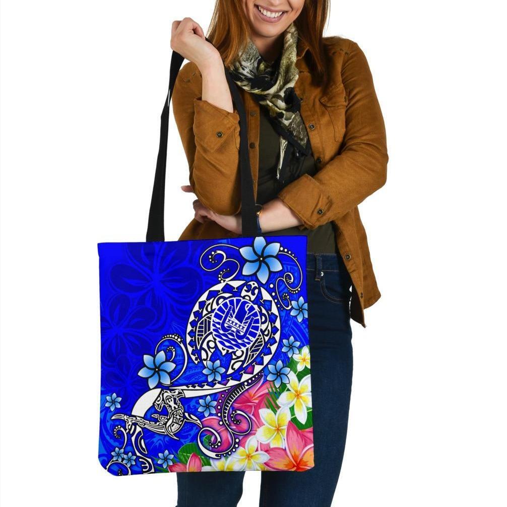 Tahiti Tote Bags - Turtle Plumeria (Blue) Tote Bag One Size Blue - Polynesian Pride