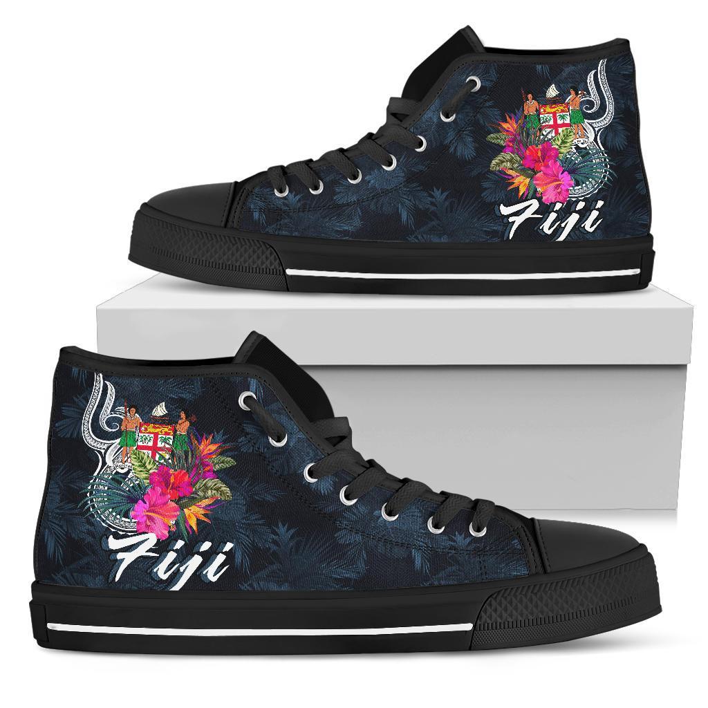 Fiji Polynesian High Top Shoes - Tropical Flower Unisex Black - Polynesian Pride