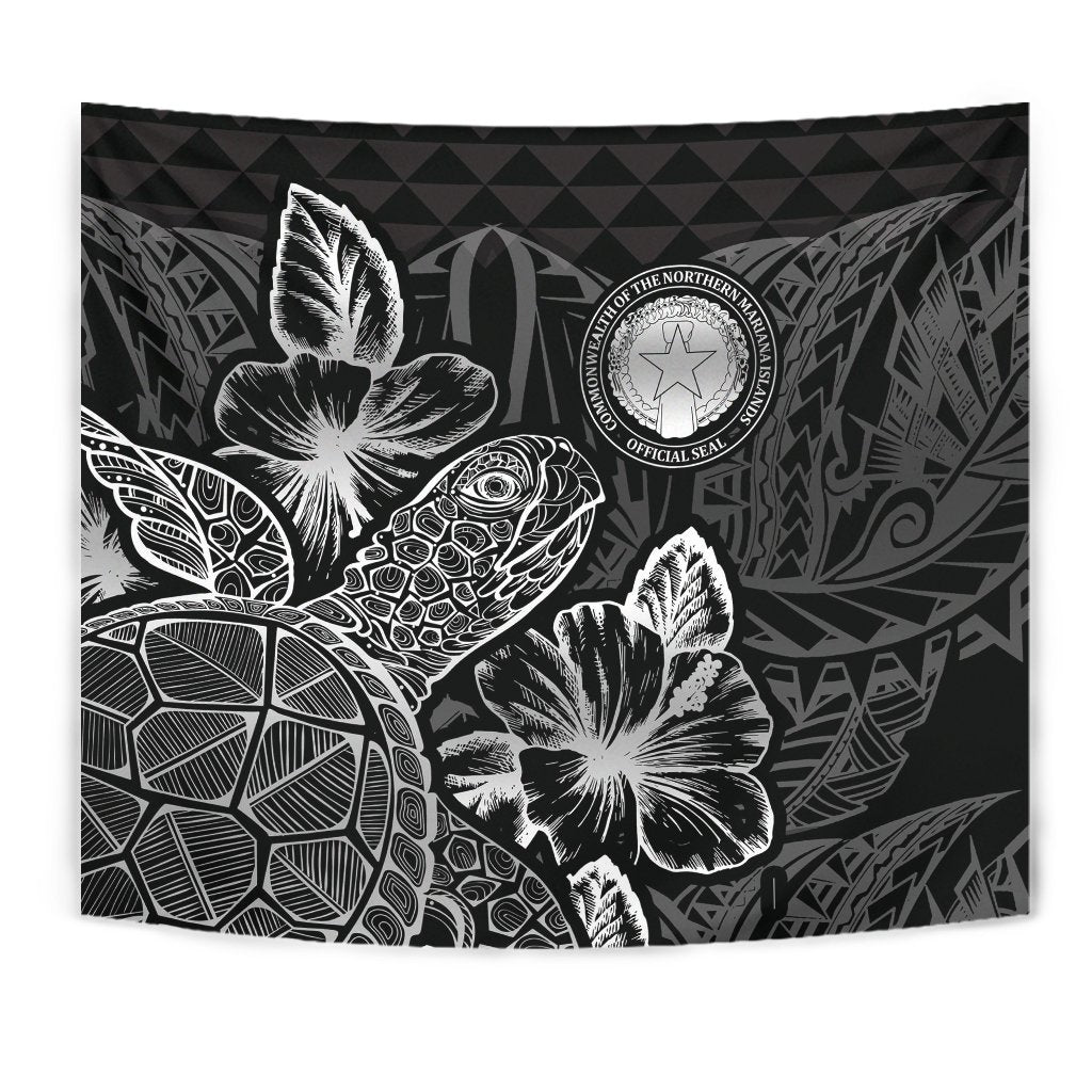 Northern Mariana Islands Tapestry - Turtle Hibiscus Pattern Black - Polynesian Pride