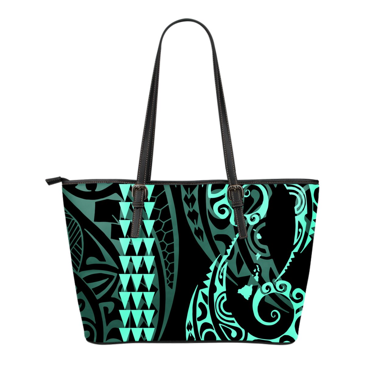 Hawaii Kakau Turquoise Polynesian Small Leather Tote Turquoise - Polynesian Pride