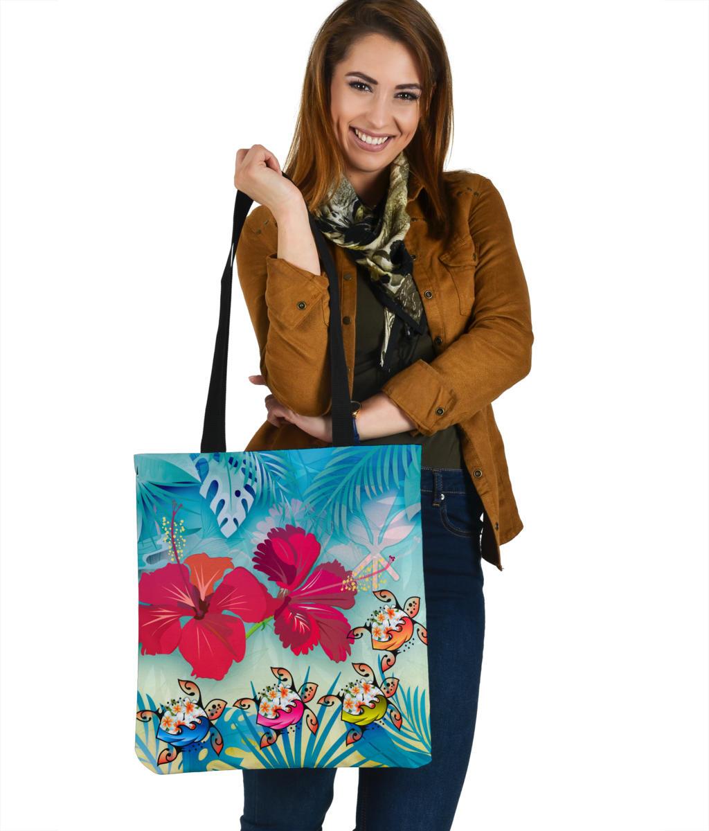 Polynesian Hawaii Tote Bag - Plumeria Turtles with Hibiscus Tote Bag One Size BLUE - Polynesian Pride