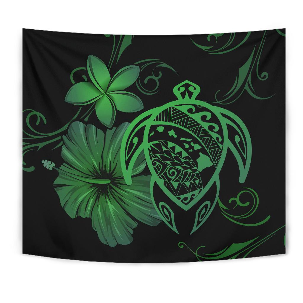 Hawaii Turtle Map Hibiscus Plumeria Poly Tapestry - Green - Polynesian Pride