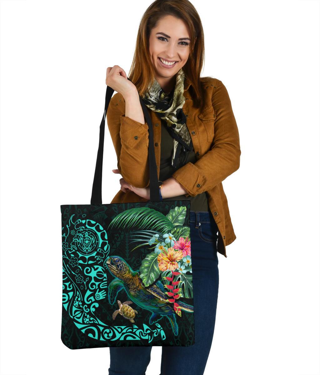 Tiki Polynesian Tote Bag Turtle Hibiscus Tote Bag One Size Black - Polynesian Pride