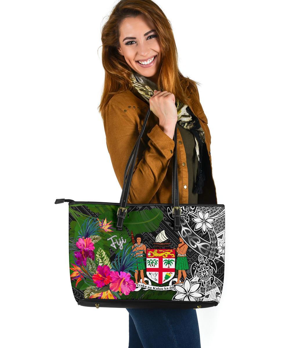 Fiji Large Leather Tote Bag - Turtle Plumeria Banana Leaf Crest Black - Polynesian Pride