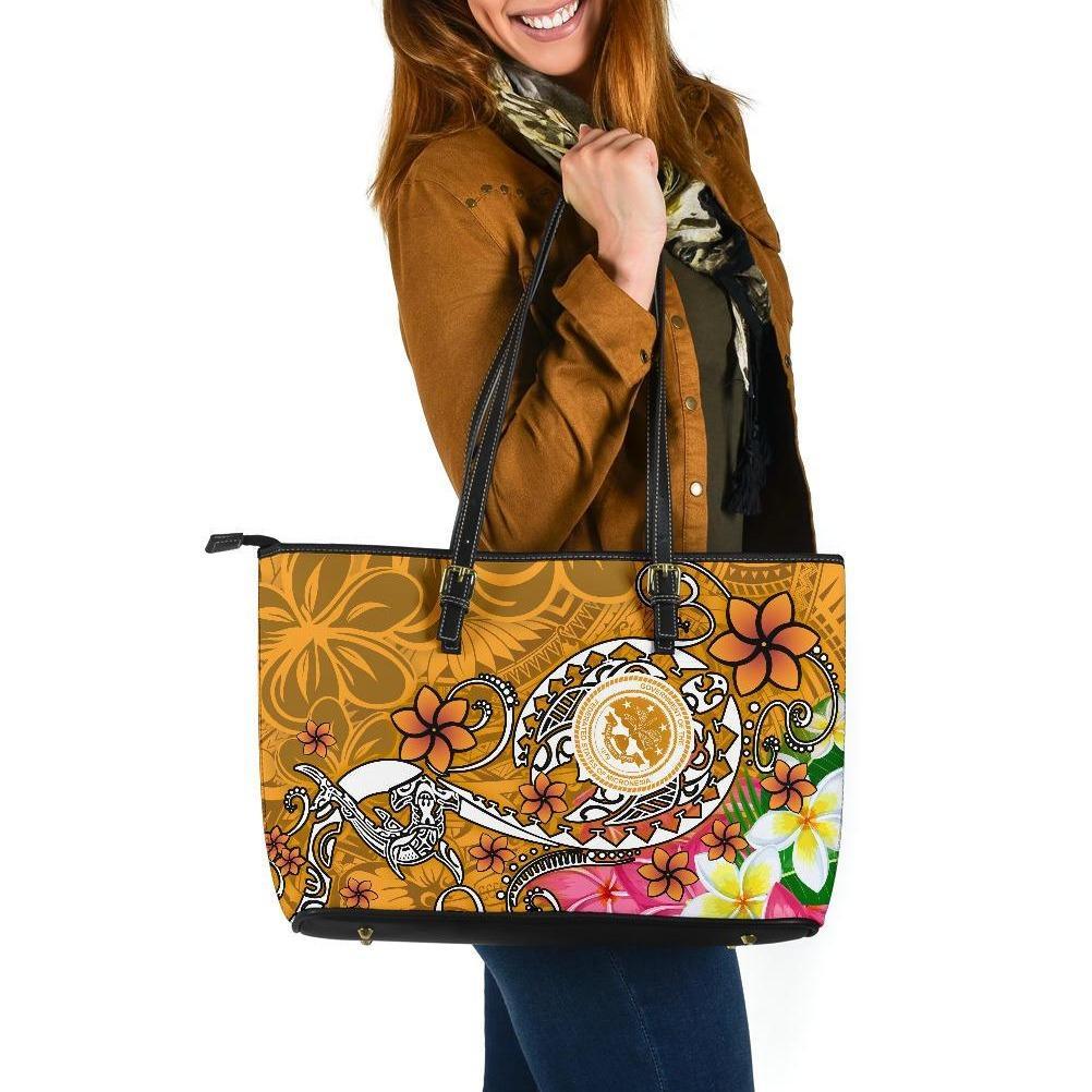 FSM Large Leather Tote Bag - Turtle Plumeria (Gold) Gold - Polynesian Pride