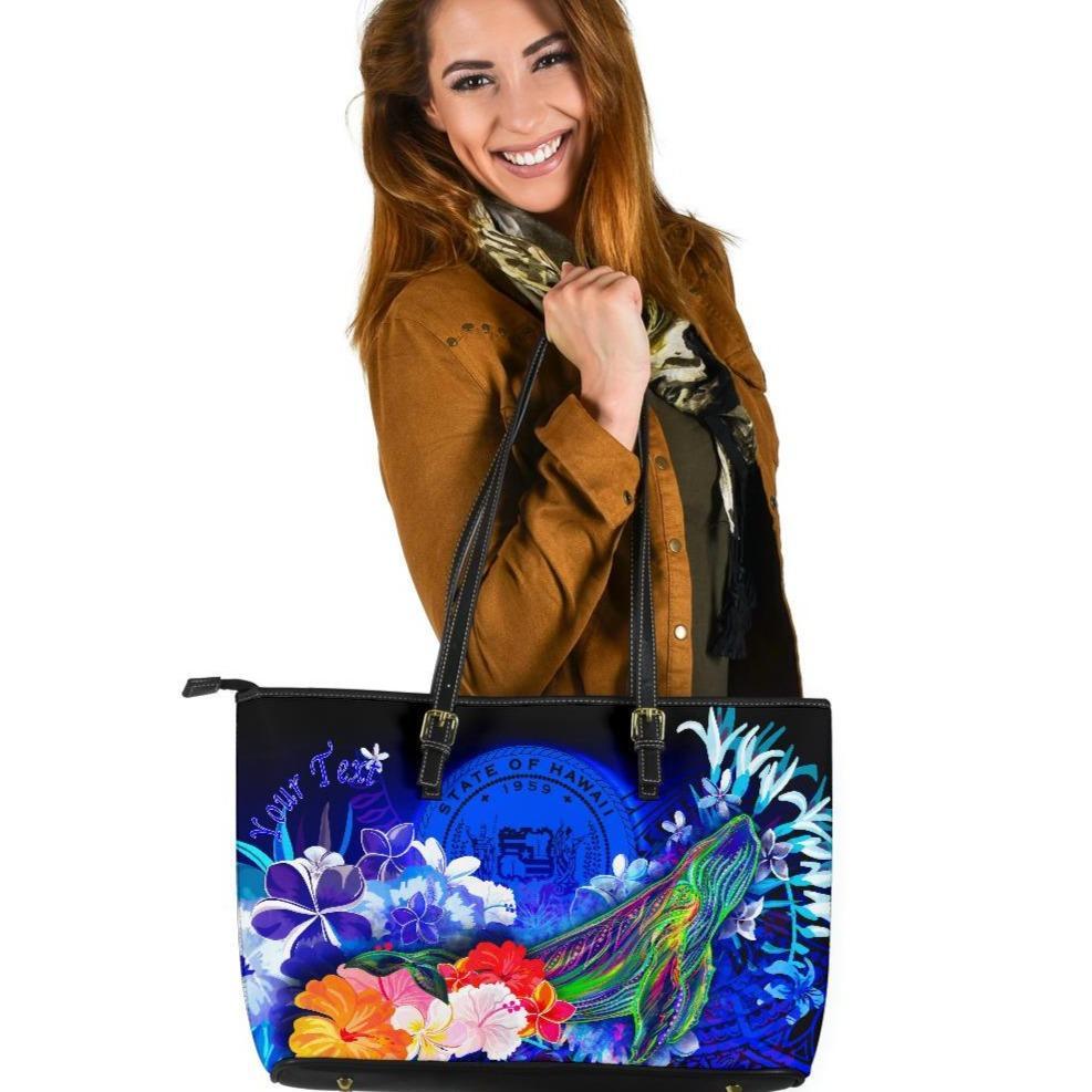 Polynesian Hawaii Custom Personalised Leather Tote Bag - Humpback Whale with Tropical Flowers (Blue) Blue - Polynesian Pride