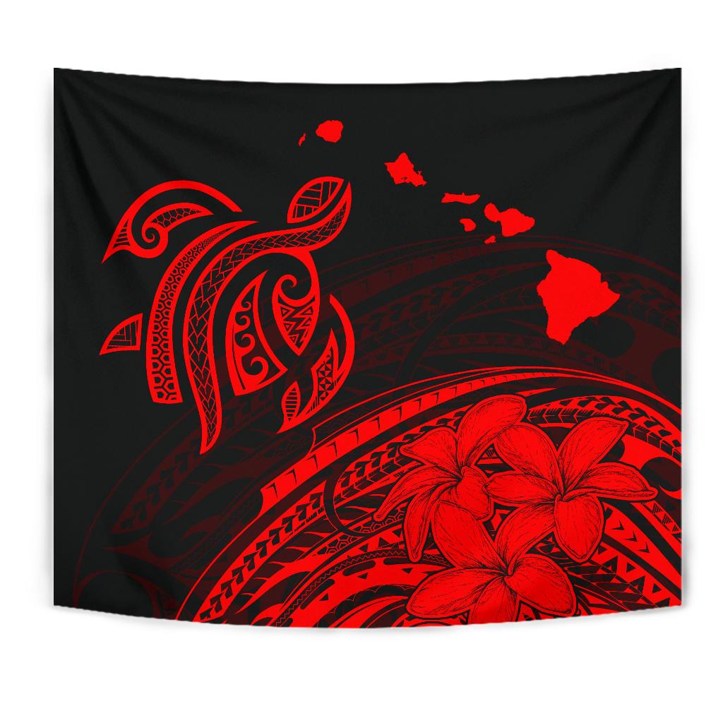 Hawaii Map Plumeria Polynesian Red Tribal Tapestry Wall Tapestry Red - Polynesian Pride