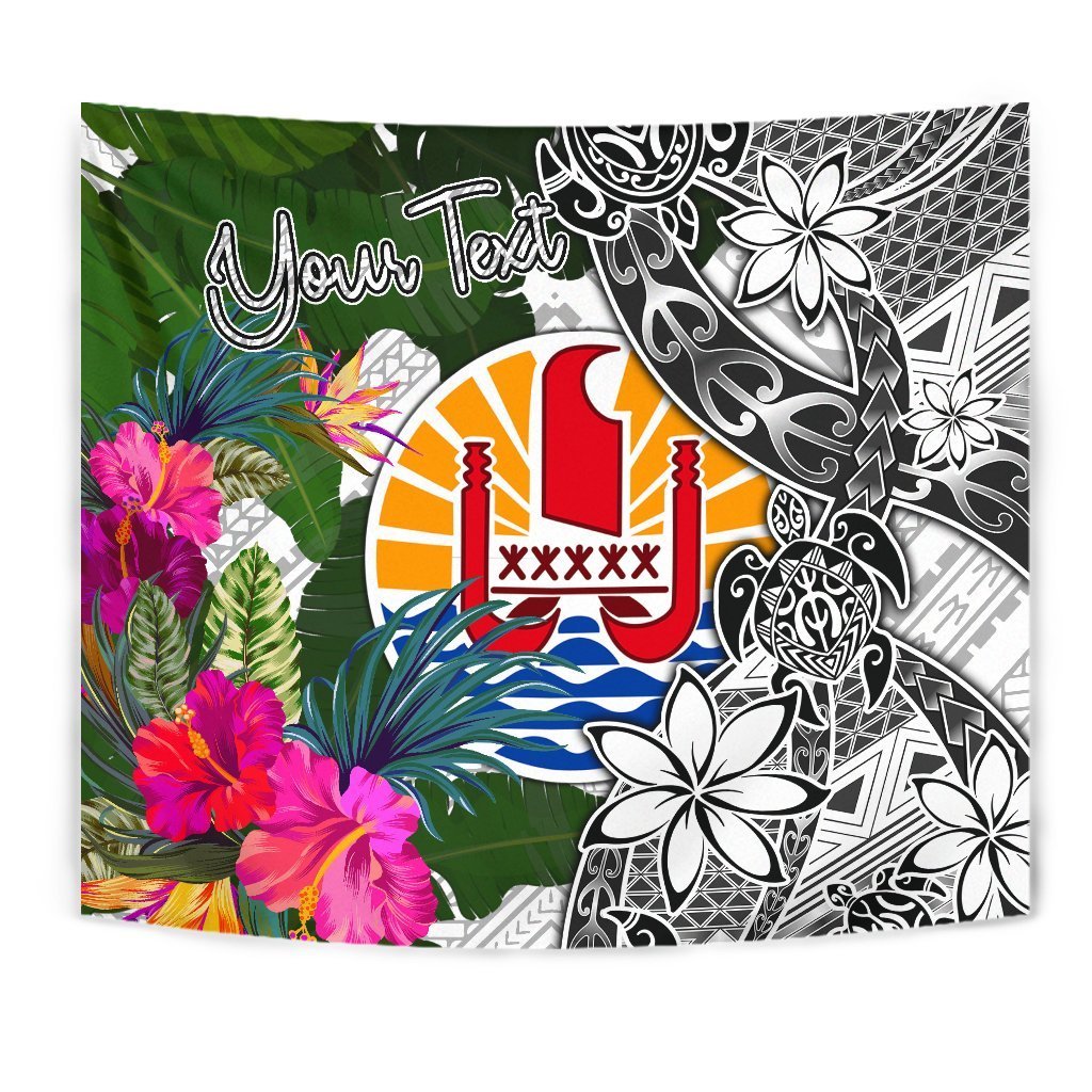 Tahiti Custom Personalised Tapestry White - Turtle Plumeria Banana Leaf Wall Tapestry White - Polynesian Pride