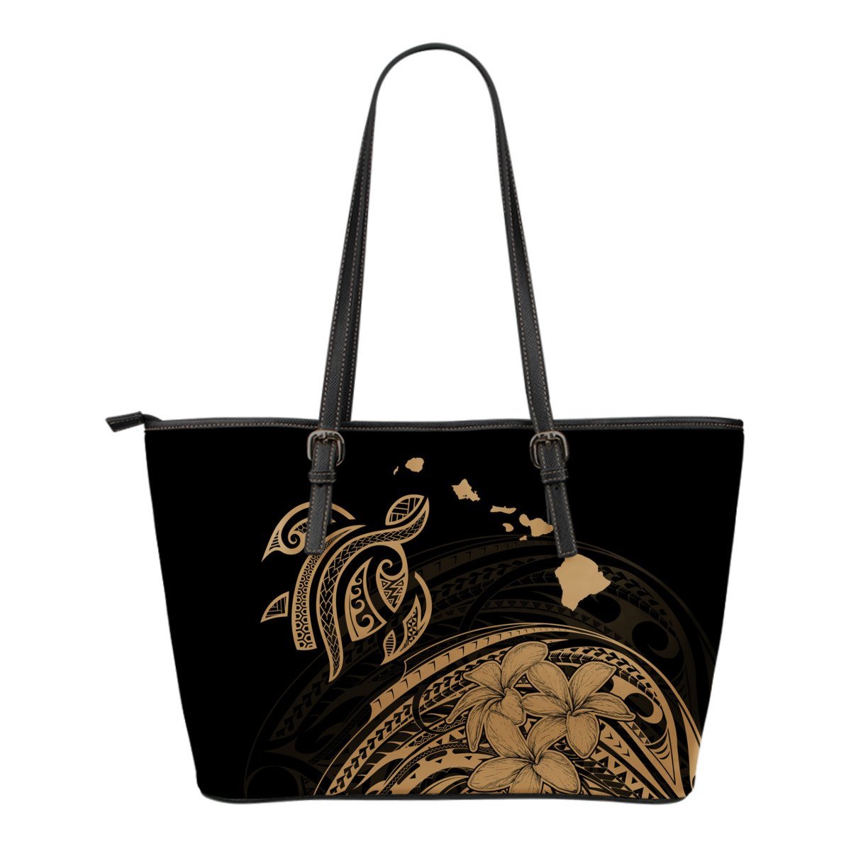 Hawaii Map Plumeria Polynesian Gold Turtle Small Leather Tote Gold - Polynesian Pride