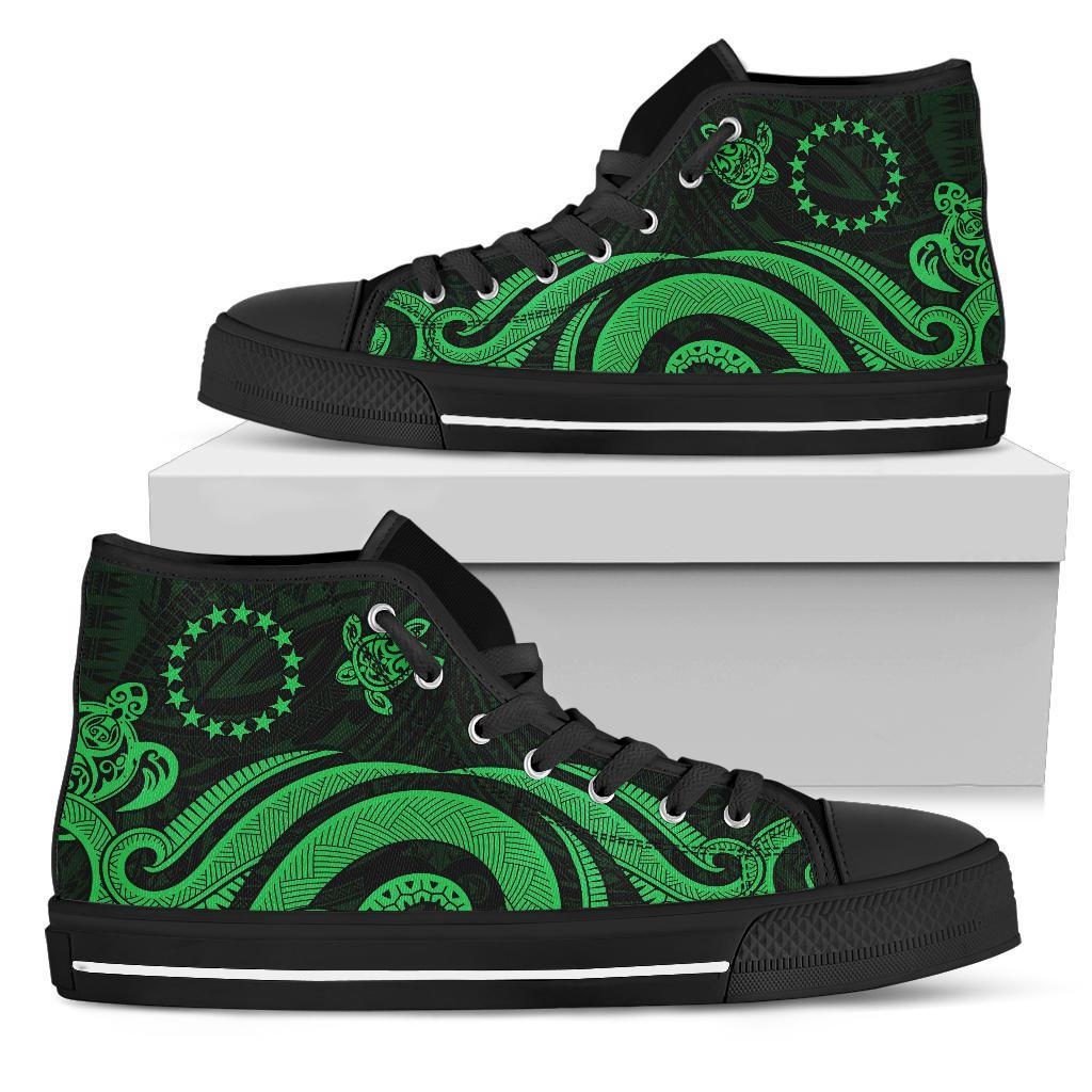 Cook Islands High Top Canvas Shoes - Green Tentacle Turtle Unisex Black - Polynesian Pride