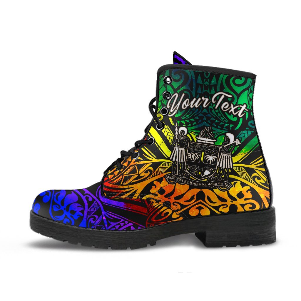 Fiji Custom Personalised Leather Boots - Rainbow Polynesian Pattern Crest - Polynesian Pride