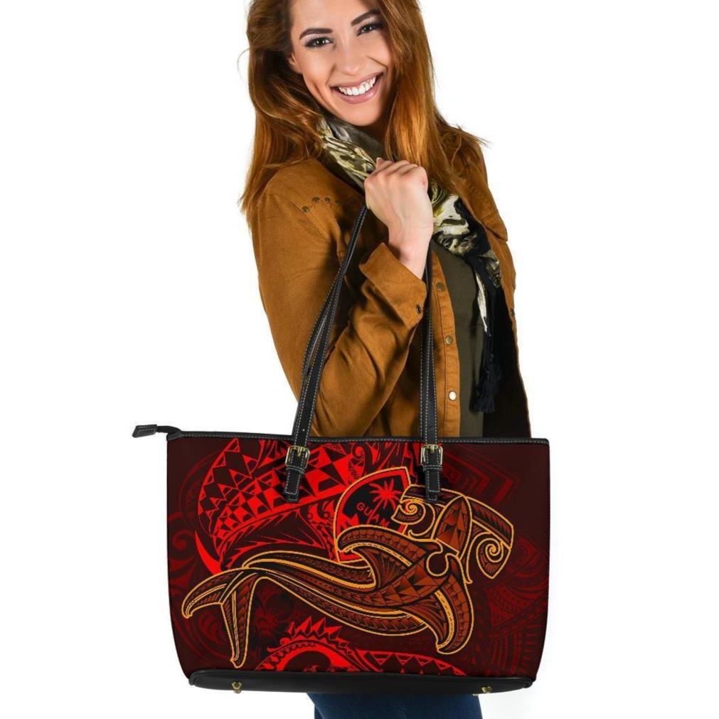 Guam Polynesian Leather Tote Bag - Red Shark Polynesian Tattoo Red - Polynesian Pride