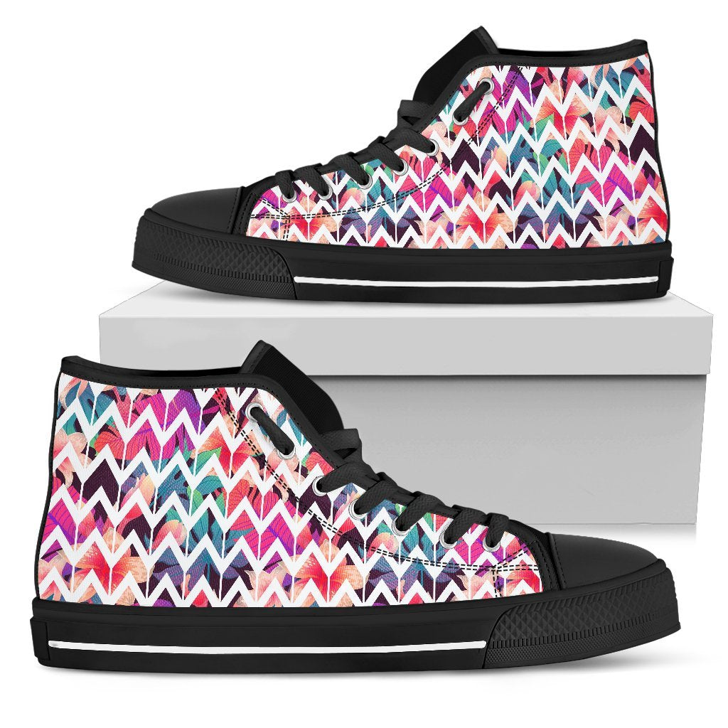 Hawaiian Shoes - Palm Foliage On Striped Zigzag High Top Shoes Mens High Top Black - Polynesian Pride