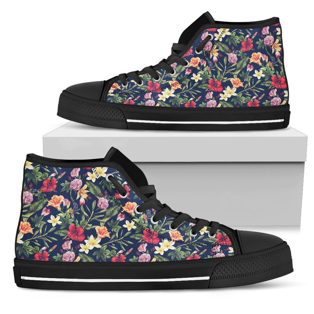 Hawaiian Shoes - Tropical Hibiscus Red And Plumeria White High Top Shoes Mens High Top Black - Polynesian Pride