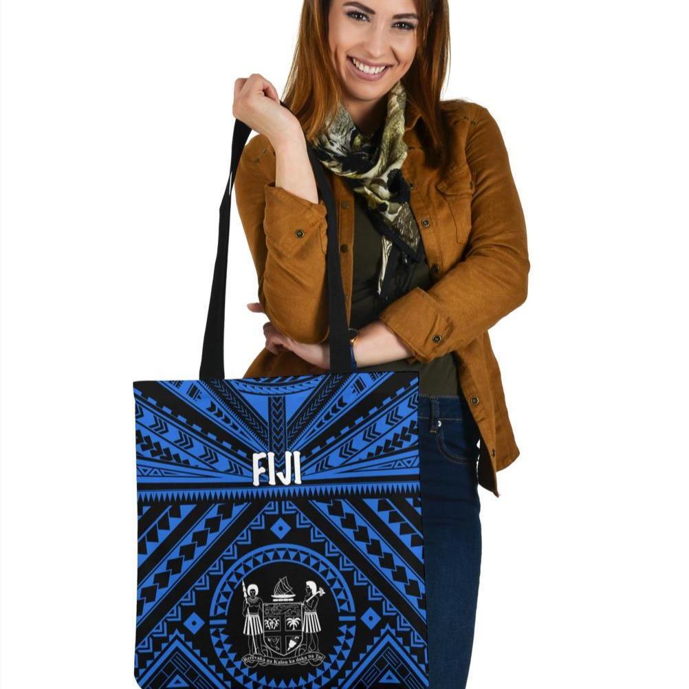 Fiji Tote Bags - Fiji Seal With Polynesian Tattoo Style (Blue) Tote Bag One Size Blue - Polynesian Pride