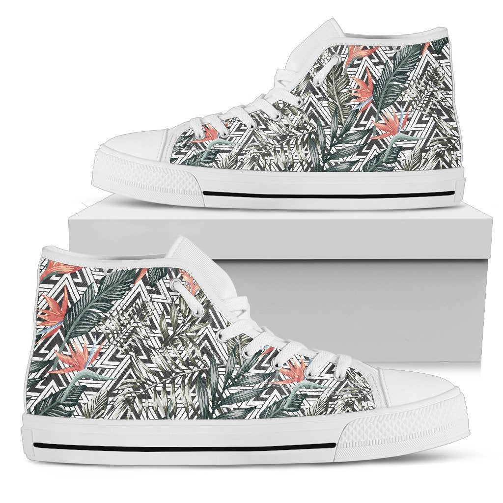 Hawaiian Shoes - Tropical Palm Leaves And Flowers High Top Shoes Mens High Top White - Polynesian Pride