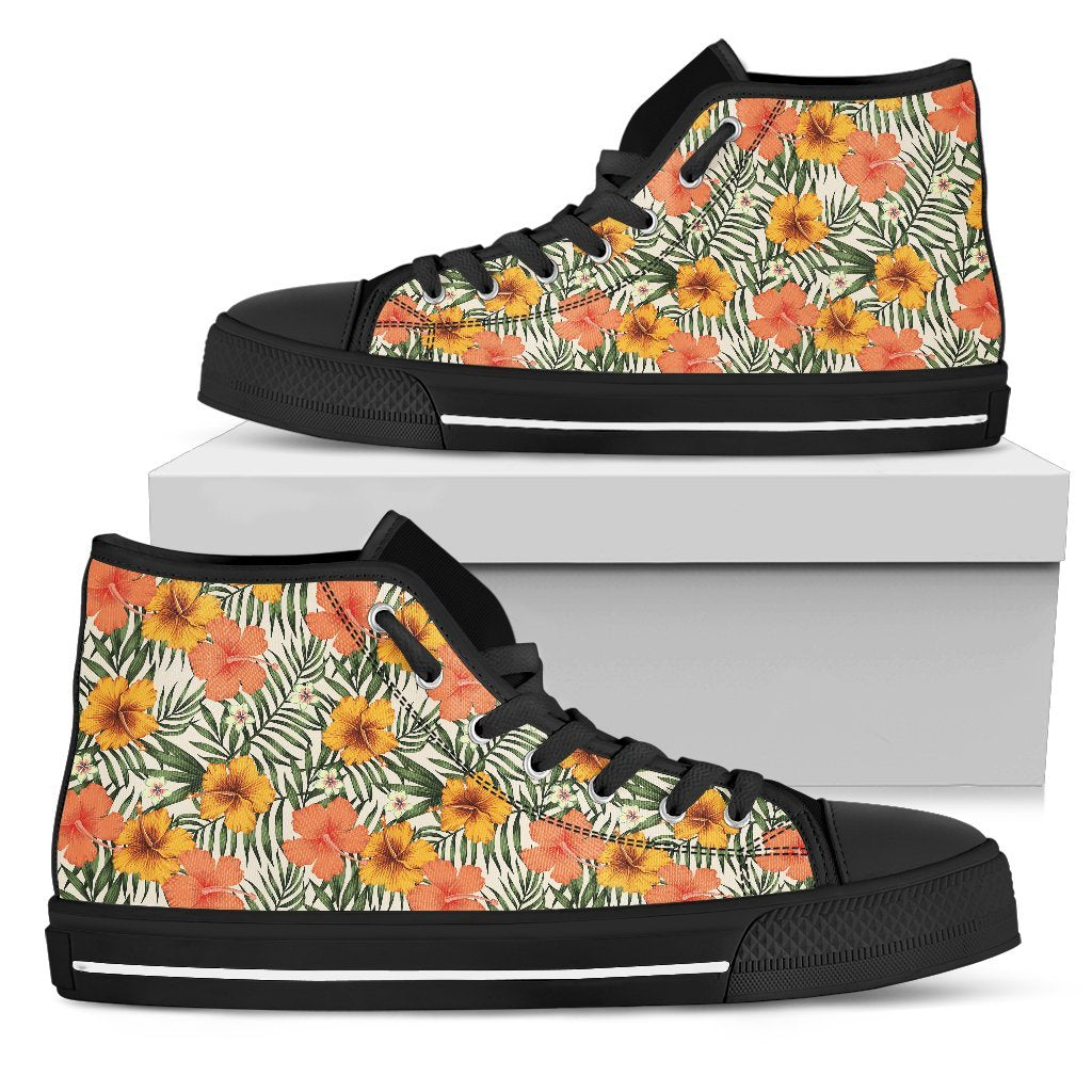 Hawaiian Shoes - Tropical Flowers Hibiscus Pink Yellow High Top Shoes Mens High Top Black - Polynesian Pride