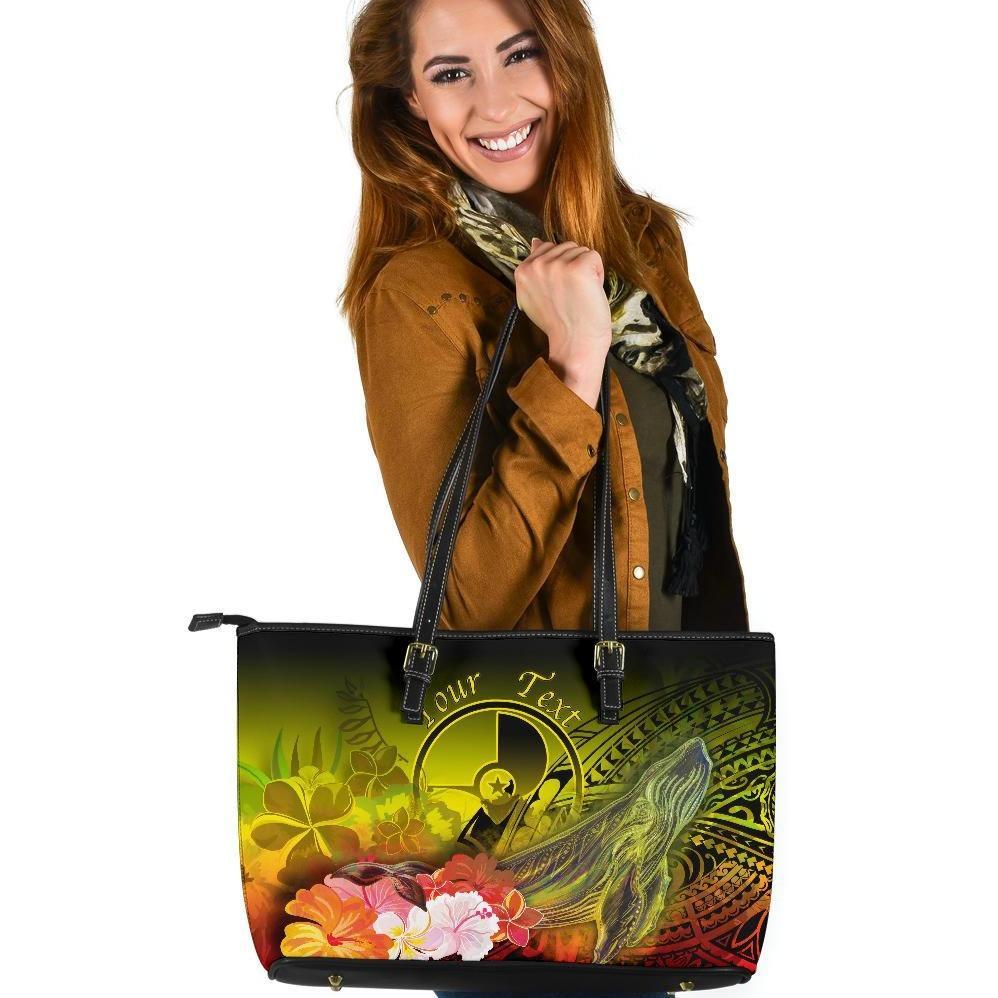 Custom Personalised Yap Large Leather Tote Bag - Humpback Whale with Tropical Flowers (Yellow) Yellow - Polynesian Pride