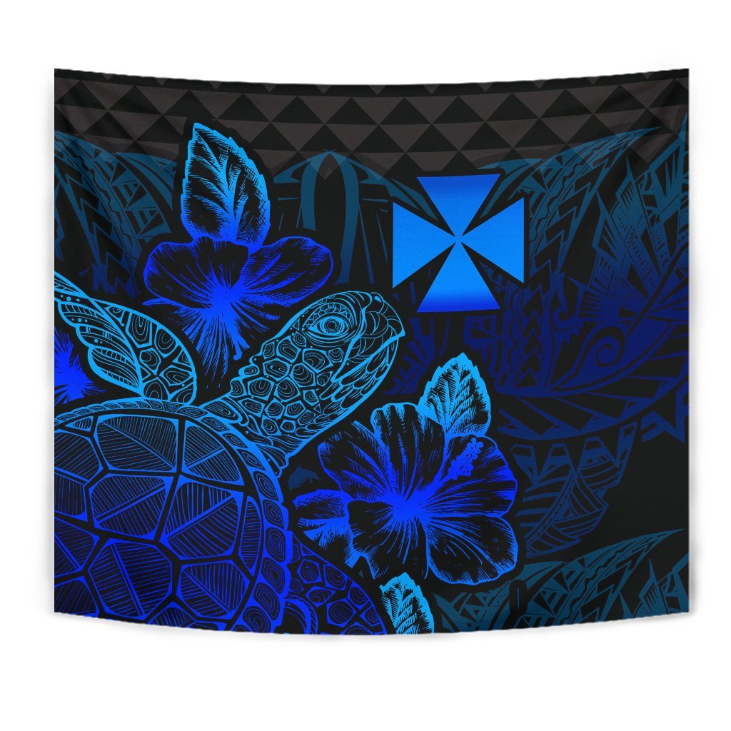 Wallis And Futuna Tapestry - Turtle Hibiscus Pattern Blue - Polynesian Pride