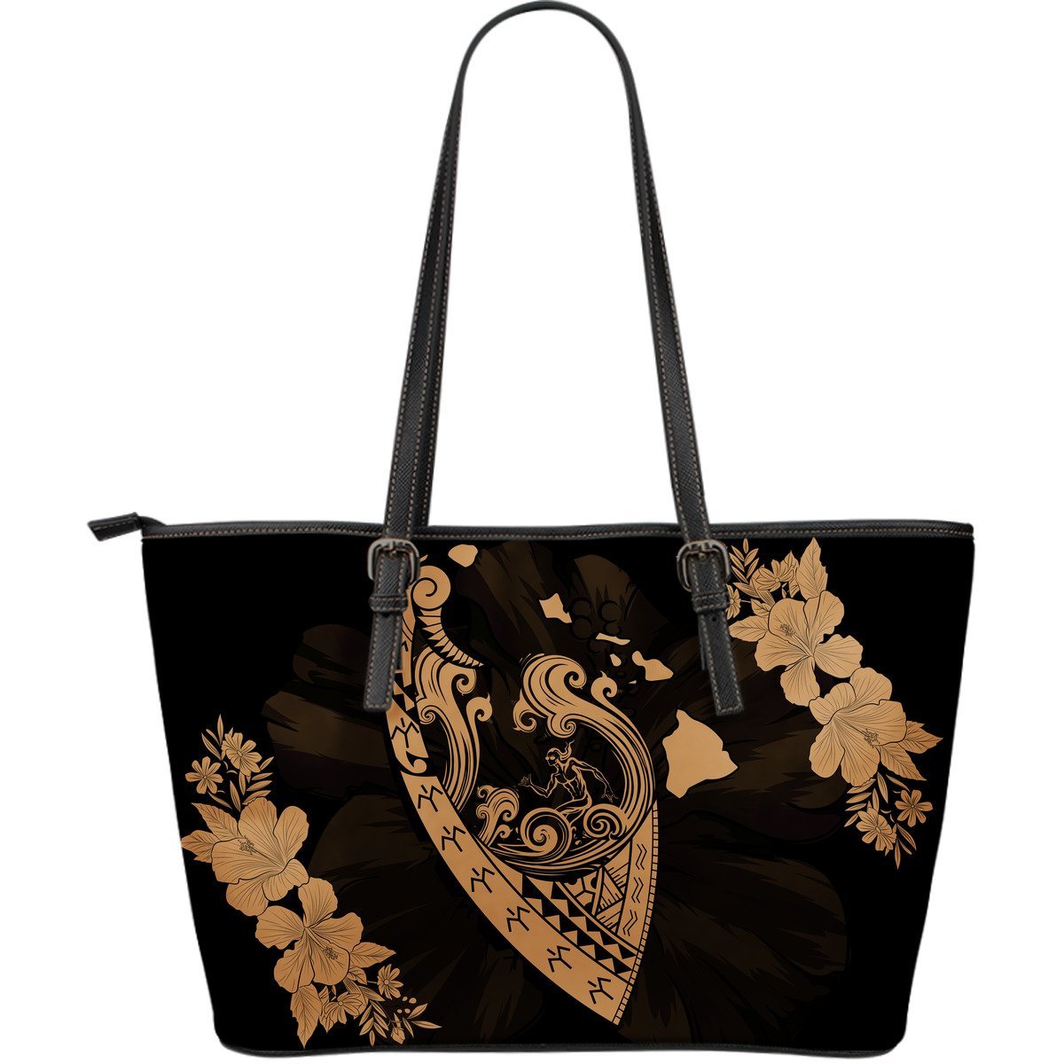 Hawaii Hibiscus Banzai Surfing Large Leather Tote Gold Gold - Polynesian Pride