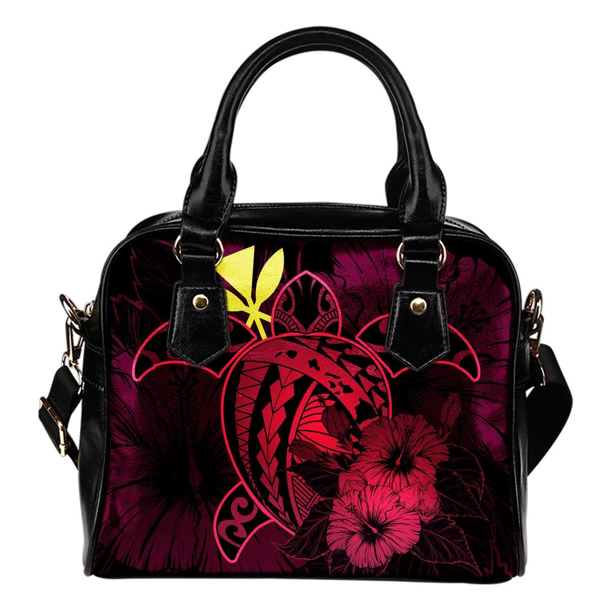 Hawaii Hibiscus Shoulder Handbag - Harold Turtle - Calico Red One Size Red - Polynesian Pride