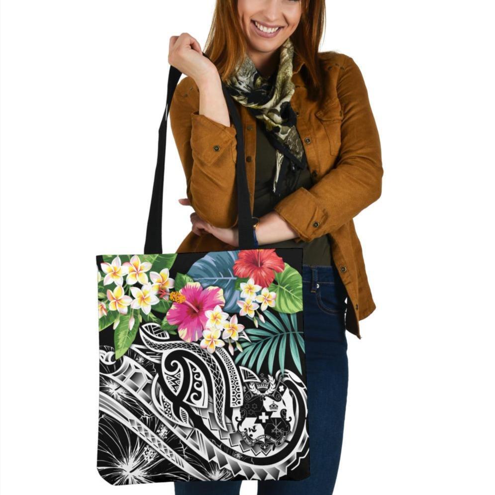 Tonga Polynesian Tote Bags - Summer Plumeria (Black) Tote Bag One Size Black - Polynesian Pride