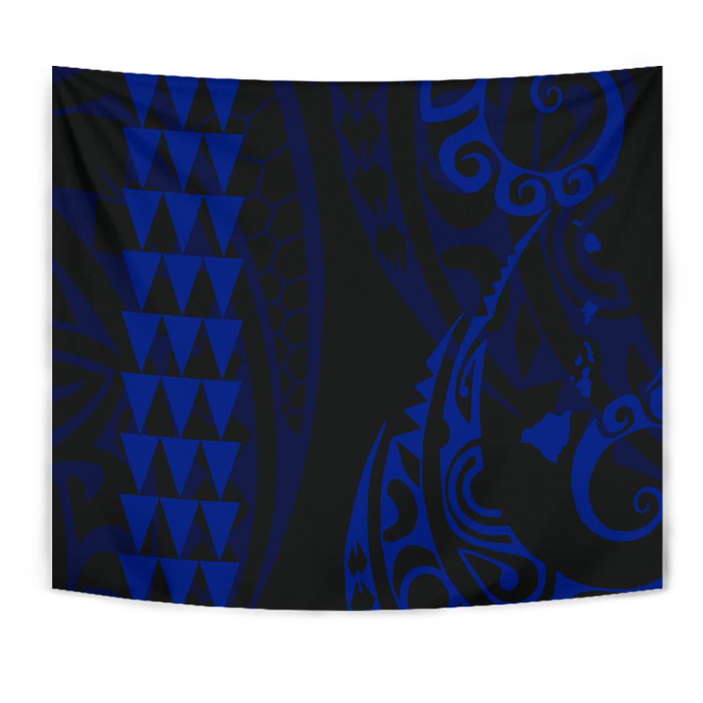 Hawaii Kakau Blue Polynesian Tribal Tapestry Wall Tapestry Blue - Polynesian Pride