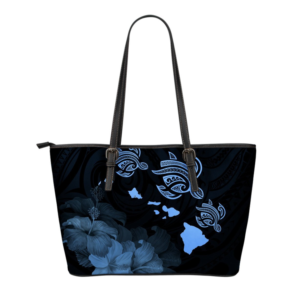 Hawaii Hibiscus Map Polynesian Ancient Blue Turtle Small Leather Tote Blue - Polynesian Pride