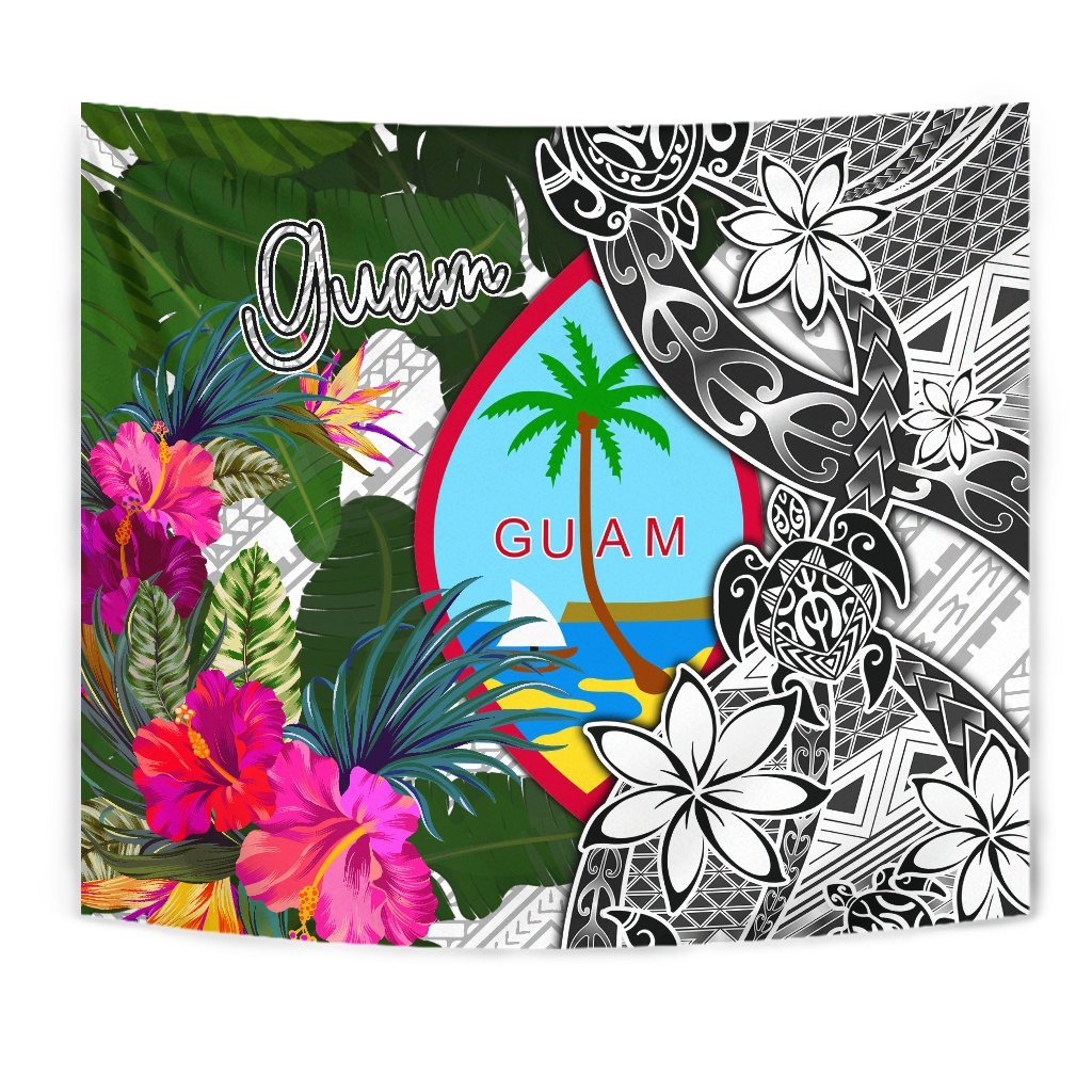 Guam Tapestry White - Turtle Plumeria Banana Leaf Wall Tapestry White - Polynesian Pride