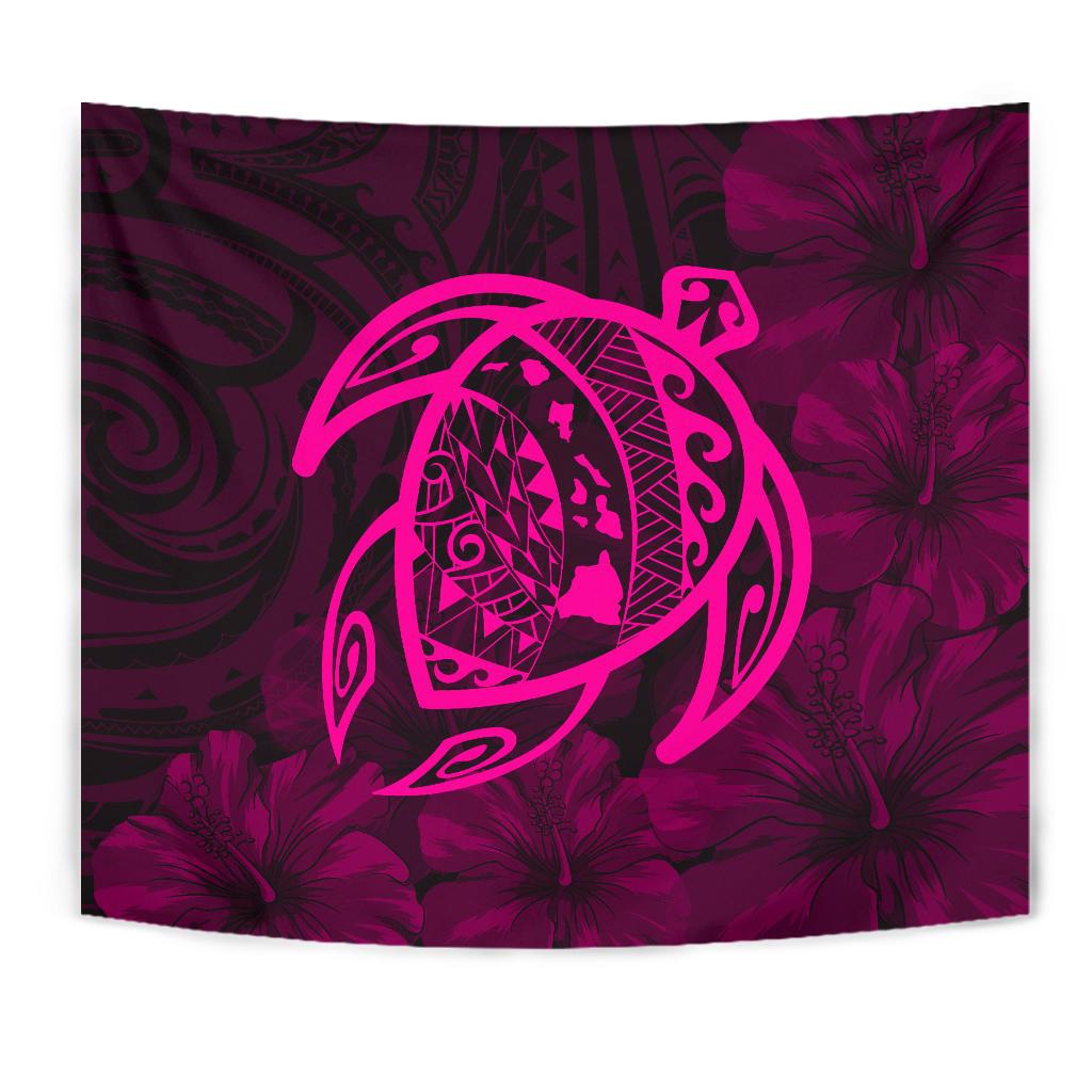 Hawaii Turtle Kanaka Map Hibiscus Poly Tapestry - Pink - Polynesian Pride