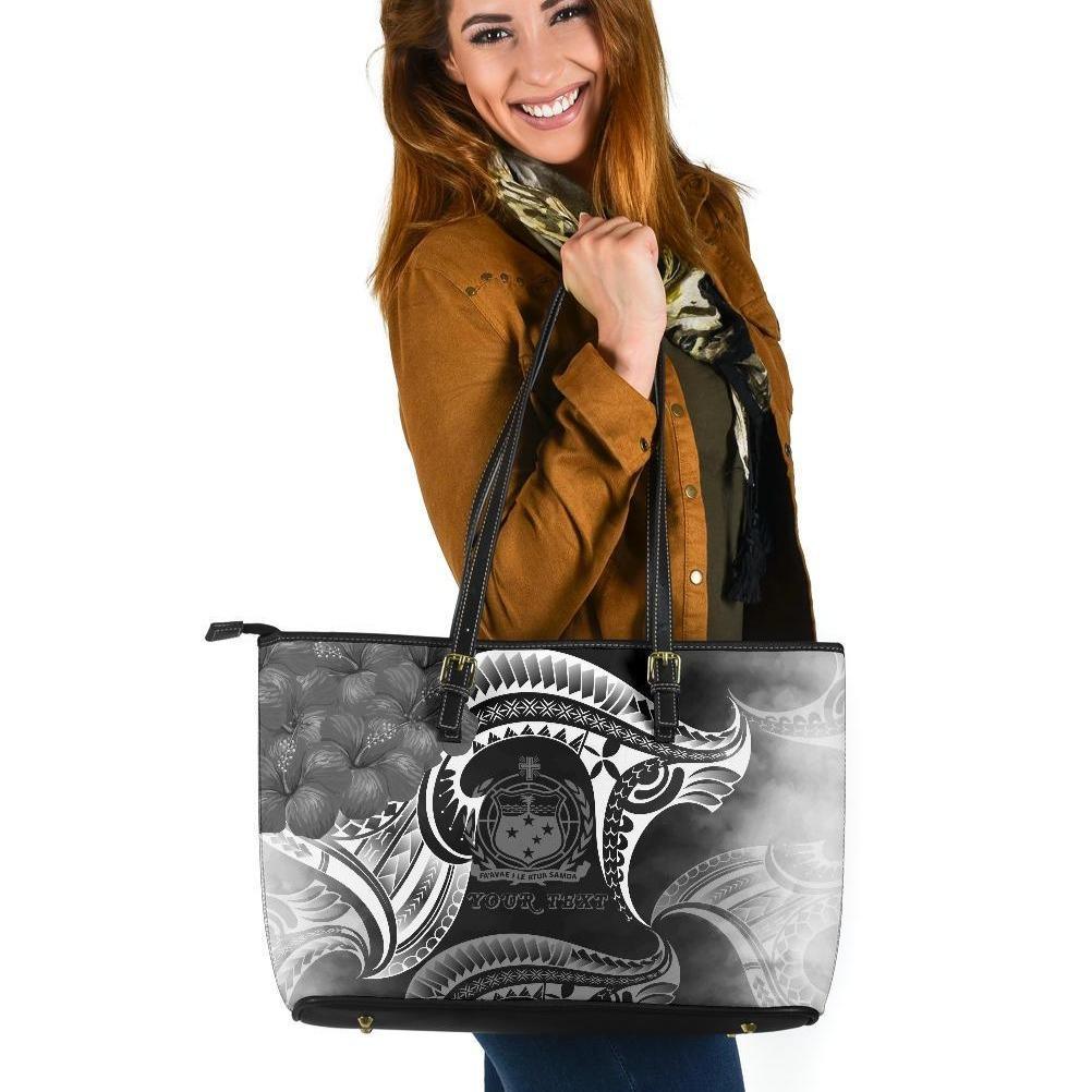 Samoa Custom Personalised Large Leather Tote Bag - Samoa Seal Wave Style (Black) Black - Polynesian Pride