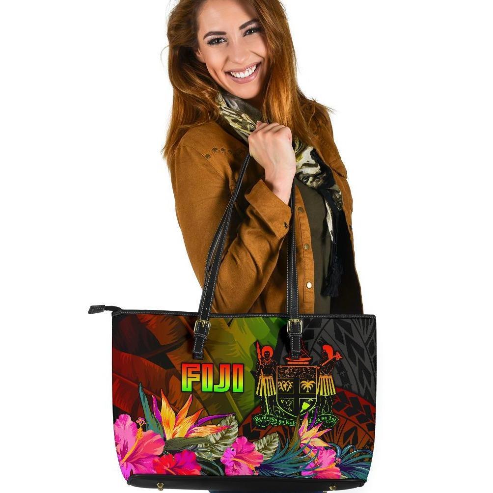 Fiji Polynesian Large Leather Tote Bag - Hibiscus and Banana Leaves Tote Bag One Size Reggae - Polynesian Pride