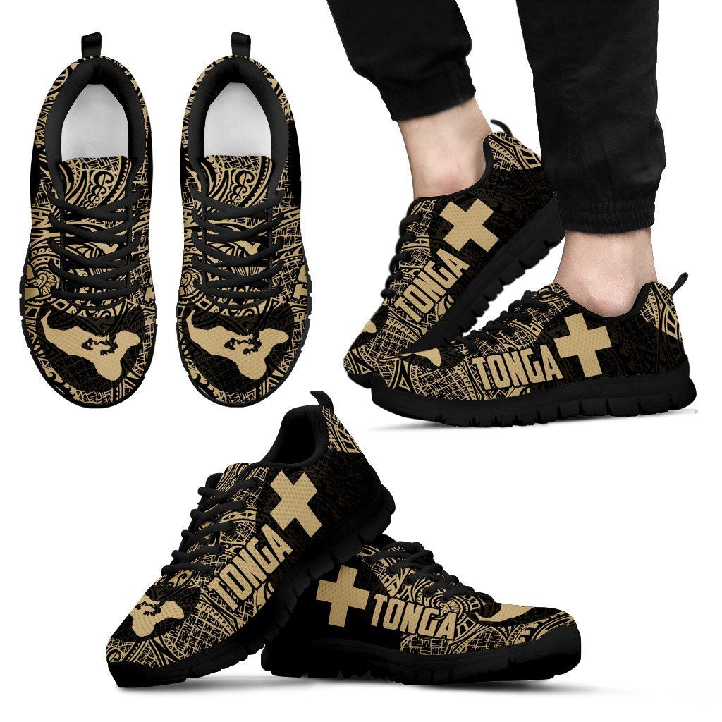 Tonga Map With Polynesian Pattern Sneakers - Cullinan Style Men's Sneakers - Black - TH0 Black - Polynesian Pride