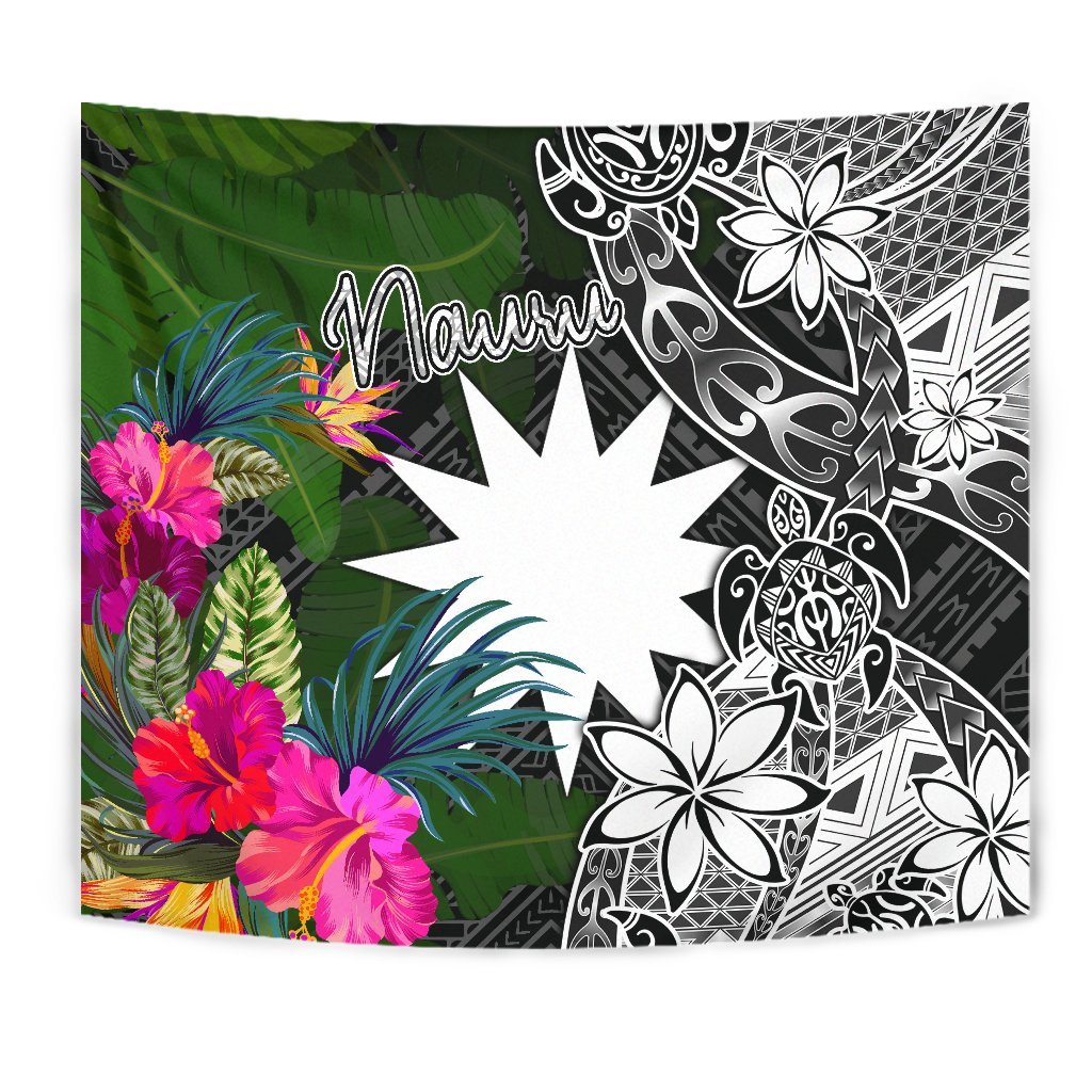 Nauru Tapestry - Turtle Plumeria Banana Leaf Wall Tapestry Black - Polynesian Pride