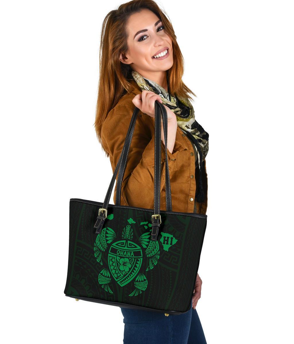 Hawaii Kakau Polynesian Ohana Turtle Map Small Leather Tote - Green - Polynesian Pride