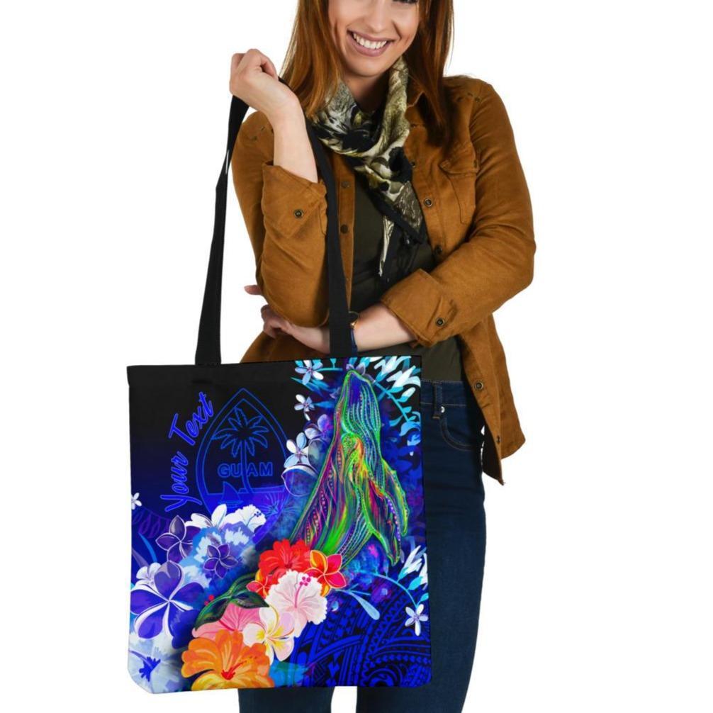 Guam Custom Personalised Tote Bags - Humpback Whale with Tropical Flowers (Blue) Tote Bag One Size Blue - Polynesian Pride