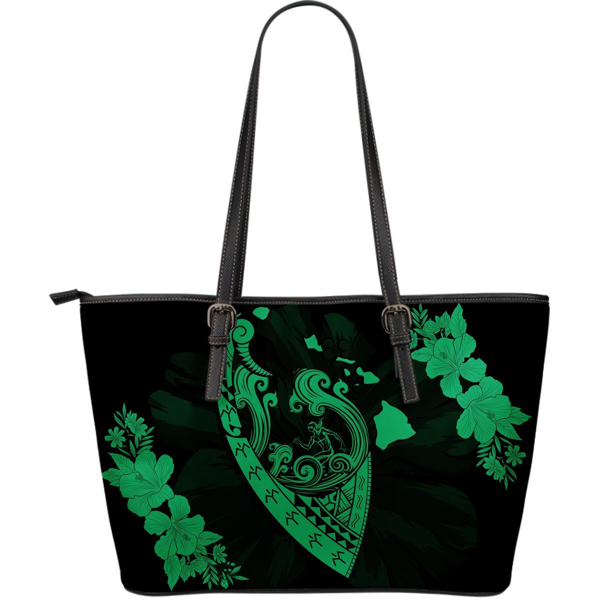 Hawaii Hibiscus Banzai Surfing Large Leather Tote Green Green - Polynesian Pride